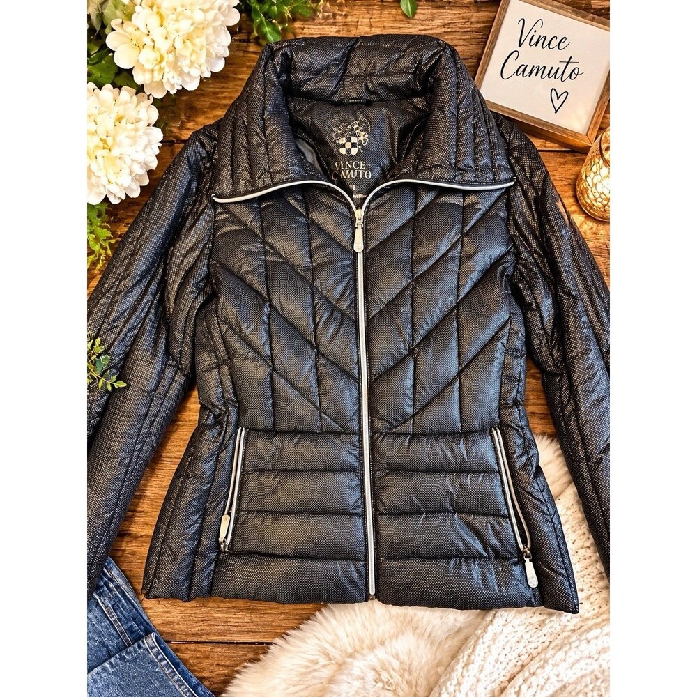 Vince Camuto Shiny Small Patterned Black Puffer Jacket Quilted Coat Women M